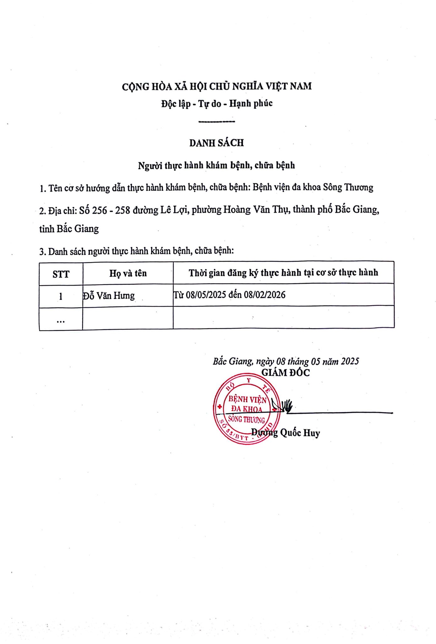 Danh sách người thực hành khám bệnh, chữa bệnh tháng 05/2025 